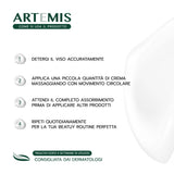 Istruzioni per l'uso della crema VOVEES Artemis con applicazione e assorbimento per risultati visibili in 4 settimane.