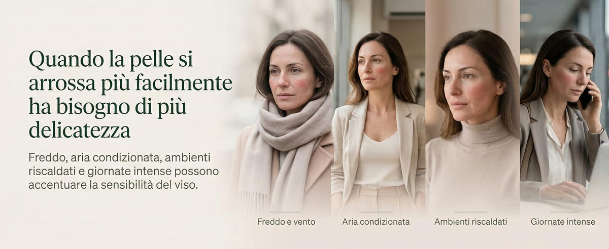 Pelle sensibile esposta a freddo, aria condizionata, ambienti riscaldati e giornate intense.