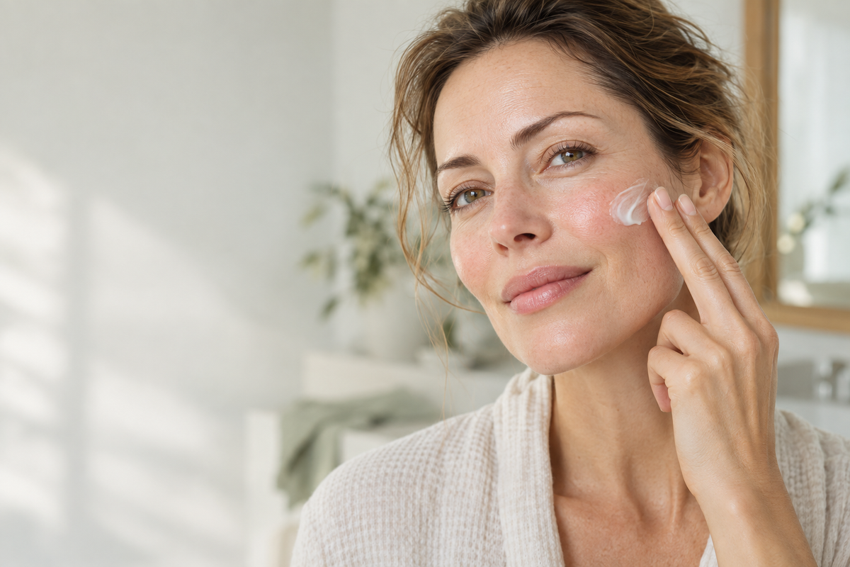 Applicazione delicata di crema viso sulla guancia, routine pelle sensibile